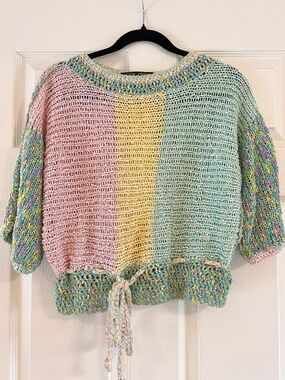 EVIE Pastel Crochet Knit Tie Hem Sweater Top | Cottagecore Spring Knit Size S